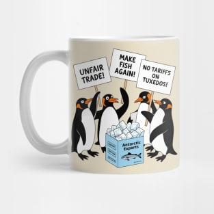 Funny Penguins Protest Against Tariffs-Sarcastic Penguin Graphic-Political Humor-Penguins Holding Signs-Animal Protest Design Mug